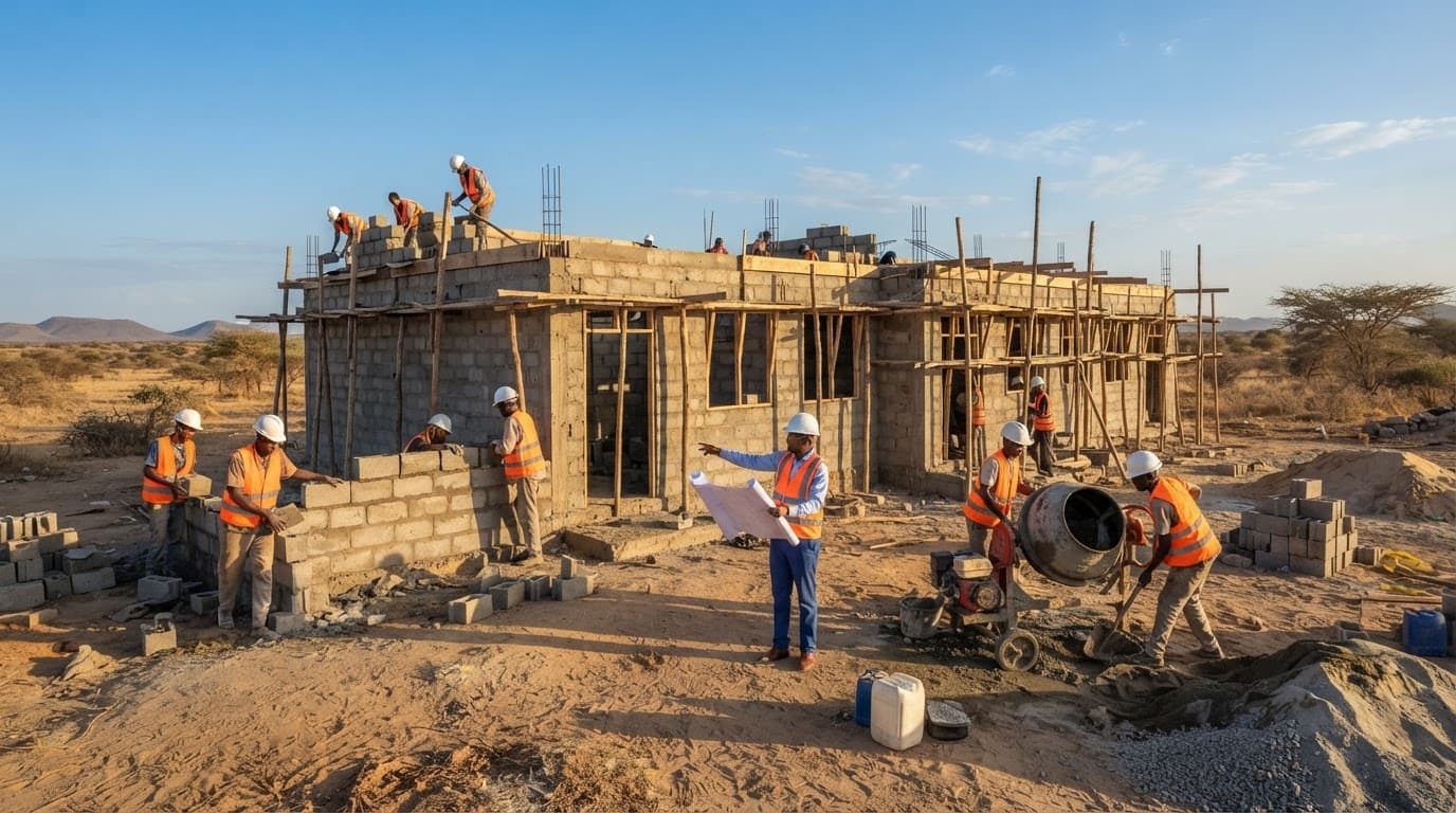 Workers building a single-storey block school