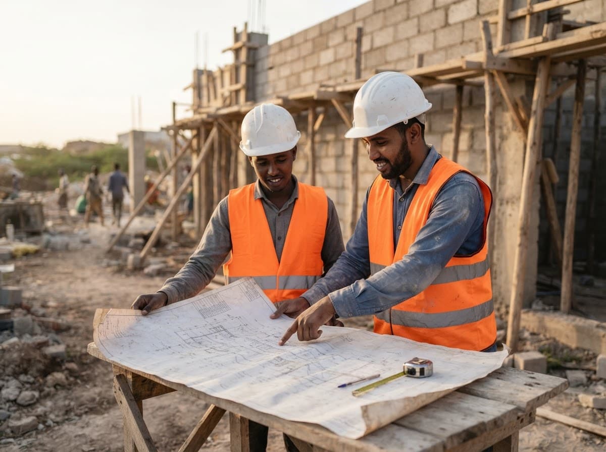 Two site engineers reviewing a construction drawing
